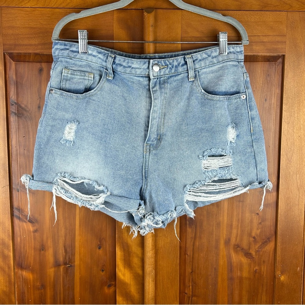 PRETTY LITTLE THING Distressed Denim Blue High Waist Shorts Festival Hippie